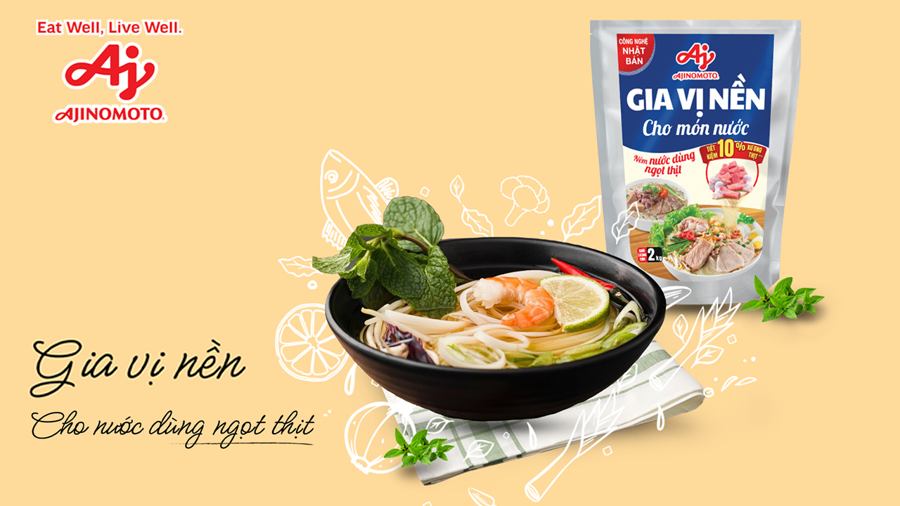 Gia vị nền cho món nước Ajinomoto giúp nâng cao chất lượng nước dùng của bếp.